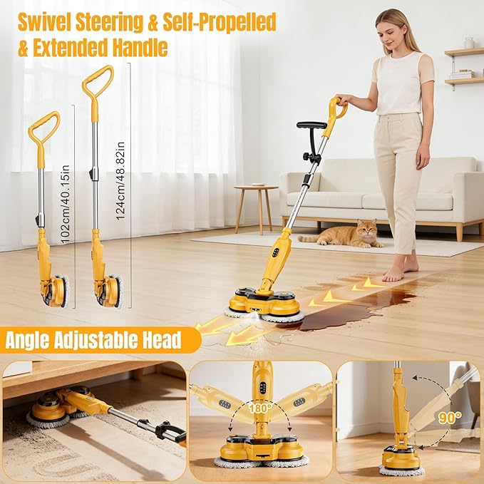 Cordless Electric Mop for Dewalt 20V Battery (NO Battery) 2 in 1 Spin Mop &amp Electric Floor Scrubber Machine with LED Light &amp Water Spray 800 RPM Rotating Electric Mops for Floor Cleaning (Ye