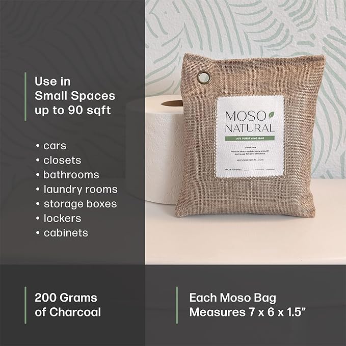 Moso Natural Air Purifying Bag 200g (4 Pack). A Scent Free Odor Eliminator for Cars Closets Bathrooms Pet Areas. Premium Moso Bamboo Charcoal Odor Absorber. Two Year Lifespan! (Natural Beige)