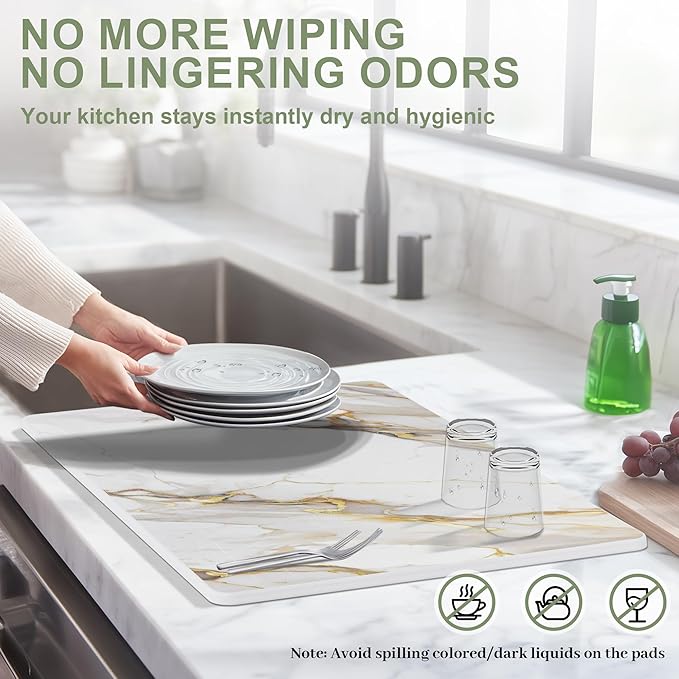 Large Stone Drying Mat for Kitchen Counter 24 × 16 Diatomite Dish Drying Mat Quick Dry Stone Mats Ultra Absorbent Natural Diatomaceous Earth Mats for Dished Bottles White Marble
