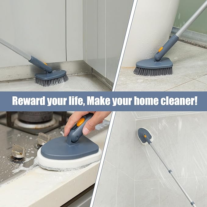 Shower Cleaning Brush4 in 1 Tile Tub Shower Scrubber with 54.7'' Long Handle Stiff Bristles Sponge Brush Grout Brush Microfibe Pads for Bathroom Kitchen Toilet Wall Glass Tub Tile Sink