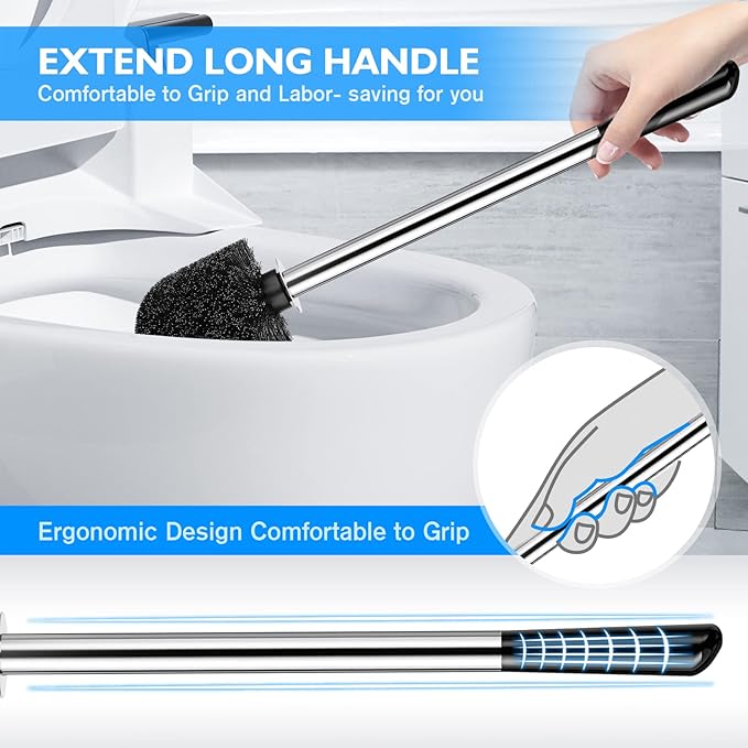 Toilet Brush and Holder 2 Pack 304 Stainless Steel Toilet Brush with Extended and Durable Comfortable Brush Handle Toilet Bowl Brush for Bathroom Toilet - Ergonomic Pratical Durable