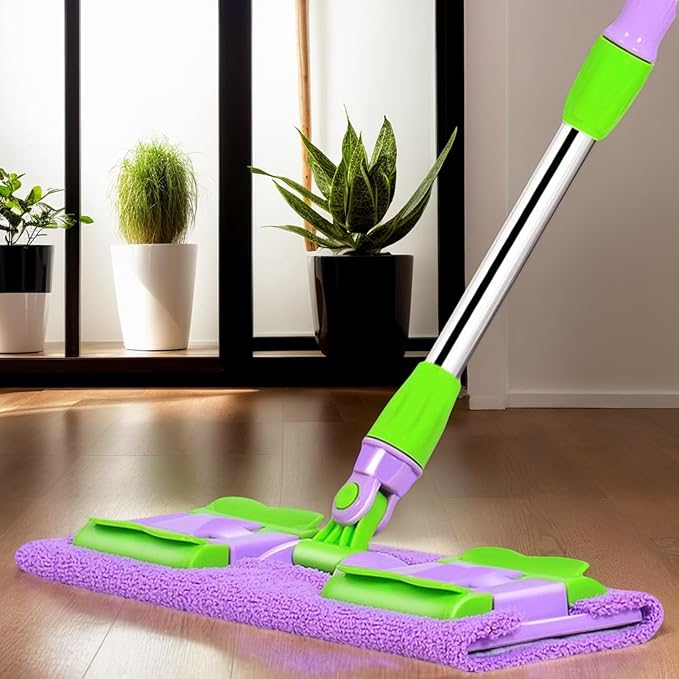 Floor Mop – Adjustable Cleaning Wand Reusable Pad System | 38x15cm Compact Frame with Swivel Mechanism Flexible Washable for Garage Patio Shower Corners Vinyl Marble Living Room