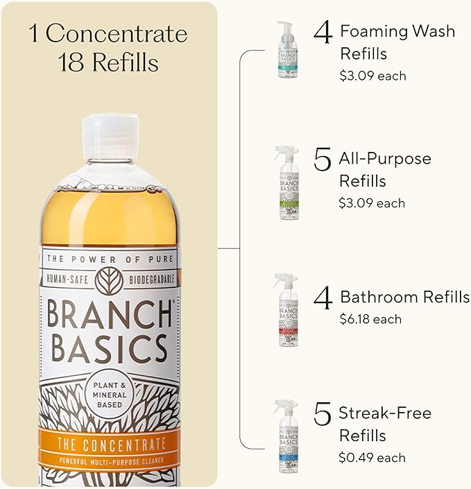 Branch Basics Ultimate Starter Kit: Natural All Purpose Cleaner Glass Bathroom Foaming Hand Wash (4 Plastic Bottles + Concentrate + Oxygen Boost) Laundry Detergent Plastic-Free Dishwasher Tablets