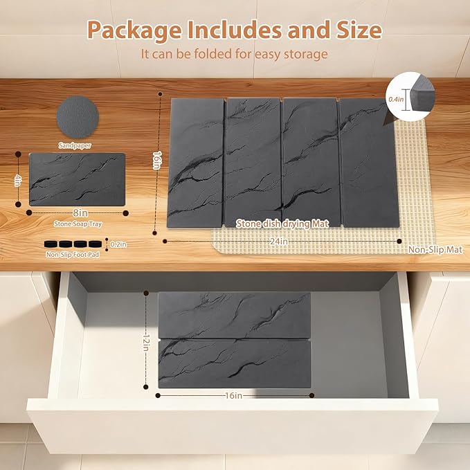 Large Stone Dish Drying Mat for Kitchen Counter 2 PCS Quick Dry Diatomaceous Earth Dish Mat Set – Foldable Water Absorbing Kitchen Accessories for Countertop(Dark Gray 24x16&amp8x4)