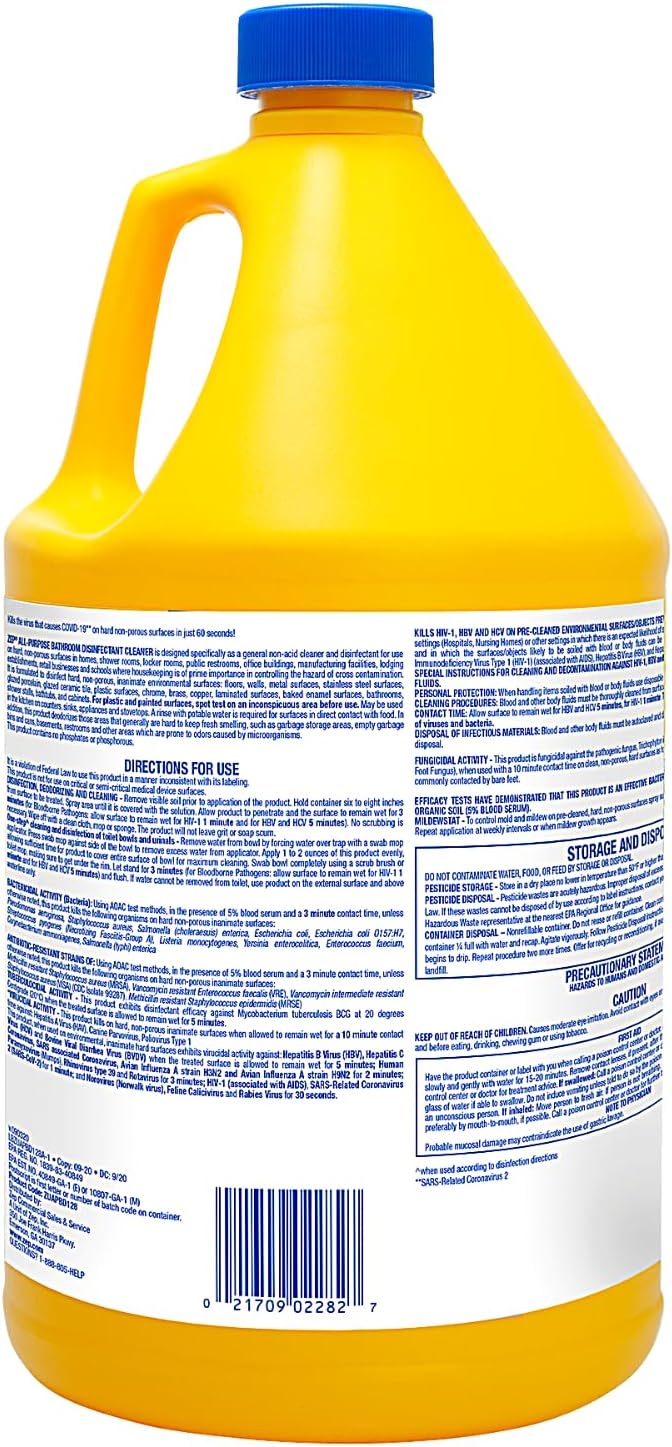 Zep All-Purpose Bathroom Disinfectant Cleaner - 1 Gallon (Case of 4) ZUAPBD128 - Virucidal Fungicidal Mildewstat Kills 99.9 Percent of Germs in 60 Seconds