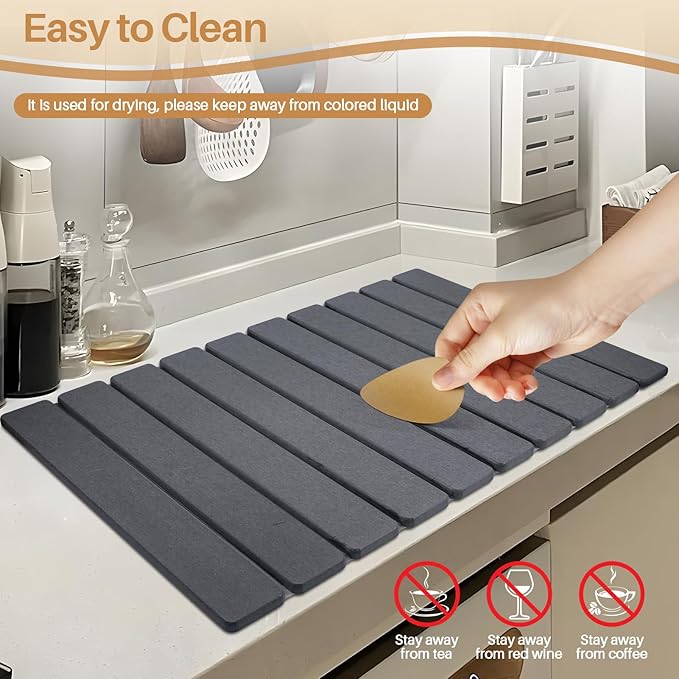 2 PCS Quick Dry Stone Dishes Mats for Kitchen CounterCollapsible Quick Drying Dish MatsUltra Absorbent Diatomaceous Earth Mats for Dishes Bottles Cups Match Any Countertop（Dark Gray 24×16&amp 8