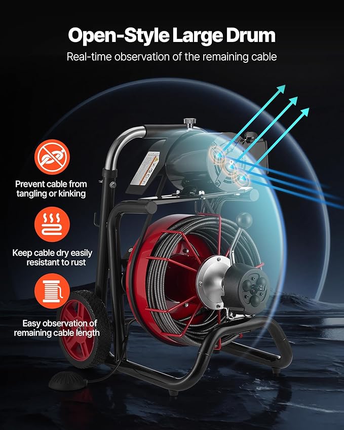 VEVOR Drain Cleaner Machine 100 FT x 1/2 Inch Auto Feed Sewer Snake Auger on Wheels - with 8 Cutters &amp Air-Activated Foot Switch for 2 to 6 Pipes