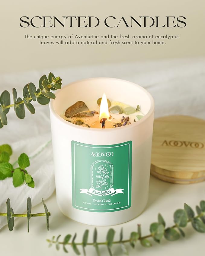 AOOVOO Eucalyptus Mint Scented Candles for Women - Aromatherapy Candle with Crystals Inside 10oz Soy Candles for Home Scented Birthday Gifts Valentines Day Candle for Women Mom