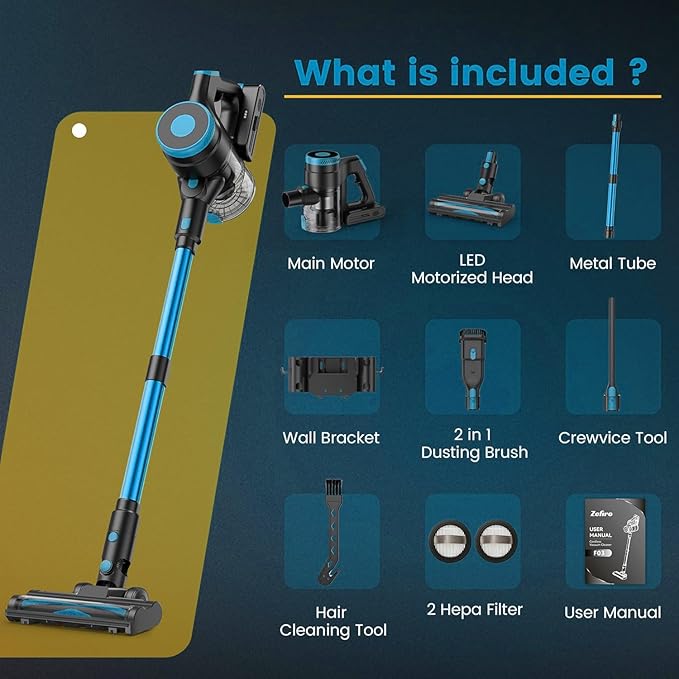 Zefiro Cordless Vacuum Cleaner45Mins Runtime Vacuum Cleaners for Home Anti-Tangle and 1.5L Dust Cup Lightweight Vacuum for Hardwood Floor Carpet Pet Hair