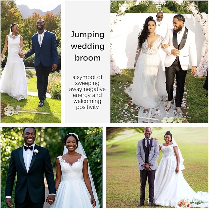 Wedding Broom African Jumping Ceremony Decorative Broom DIY Wedding Decor White Tulle Accents with Pearl Gold Ribbon Artificial Flower Bouquets