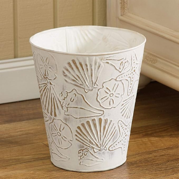 BLACK FOREST DECOR Coastal Shells Waste Basket - Nautical White Iron Trash Can - 9 Dia. x 10 H