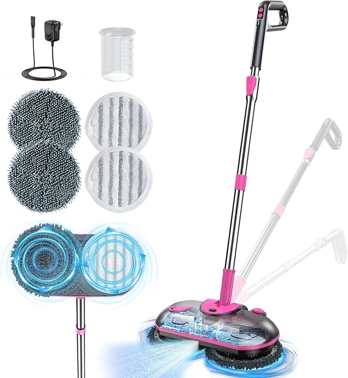 ScrubWiz Cordless Electric Spin Mop with Water Sprayer 300ml Tank Self-Propelled Floor Cleaner for Hardwood &amp Tile Quiet Cleaning Adjustable Handle 2500mAh Long-Lasting Battery Pink