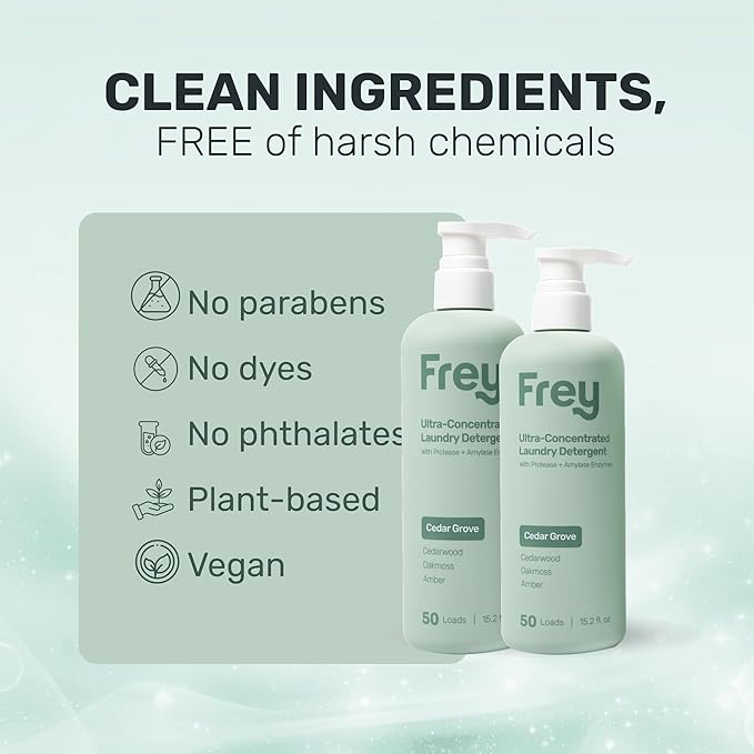 FREY Concentrated Liquid Laundry Detergent | Formulated for Sensitive Skin &amp HE Washers | Removes Stains Effectively | 50 Loads per Bottle (2-pack Cedar Grove)