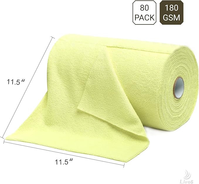 LIVOS Microfiber Cleaning Cloth Roll - 80 Pack Reusable Paper Towels Tear Away Towels Microfiber Towels for Cars Super Absorbent Lint Free Cleaning Rags for House Kitchen-Beige Yellow11.5x11.5