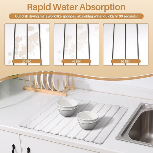 2 PCS Quick Dry Stone Dishes Mats for Kitchen CounterCollapsible Quick Drying Dish MatsUltra Absorbent Diatomaceous Earth Mats for Dishes Bottles Cups Match Any Countertop（White 24×16&amp 8x4）