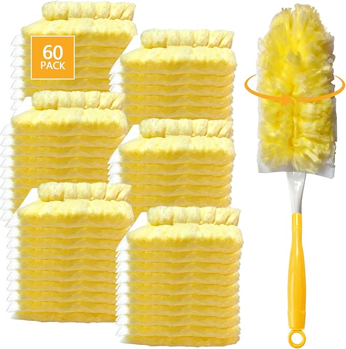 60 Pack Duster Refills Kit Fit for Swiffer Duster Handle360° Deep Cleaner Heavy Duty Replacement with 1 Handle(Yellow)