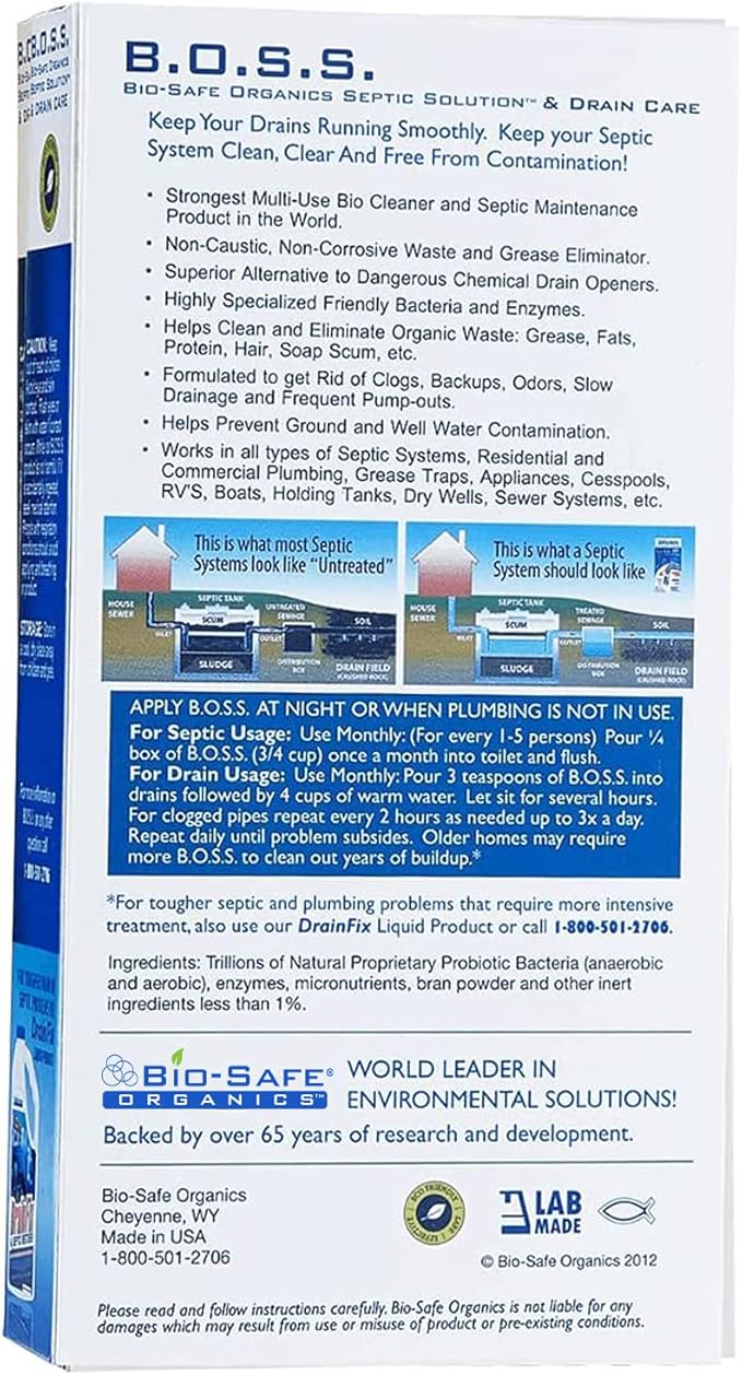 B.O.S.S. Septic Tank Treatment - 12.5oz Powder - 24 Drain or 5 Septic Doses - Patented Bacterial Enzyme - 100% Treats Odors Clogs Backups Pumpouts &amp Repairs - Works in All Septic Systems - Made in