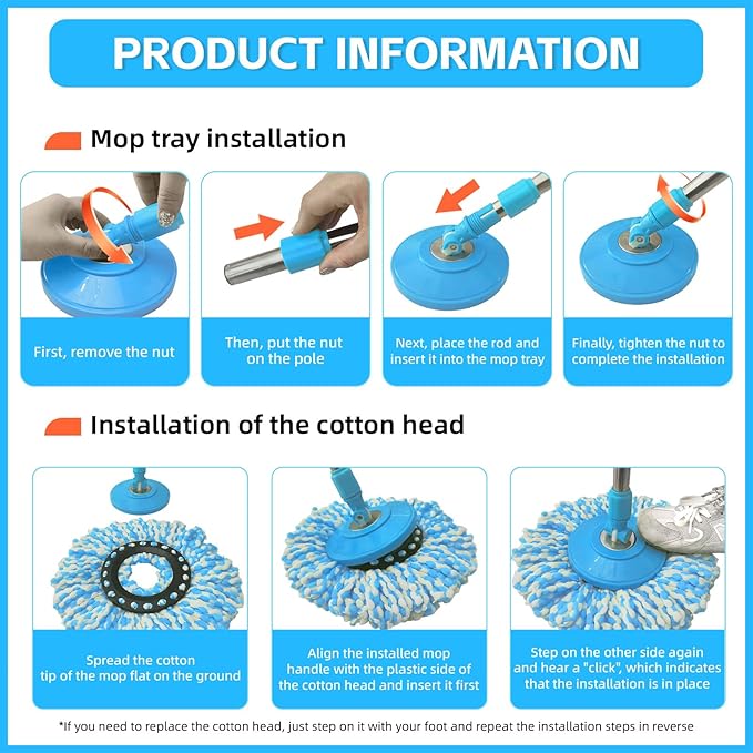 Spin Mop Replacement Handle 360 Degree Spin Mop Pole Handle Replacement Rotating Telescopic Stick for Mop Head Ideal for Home and Household Cleaning