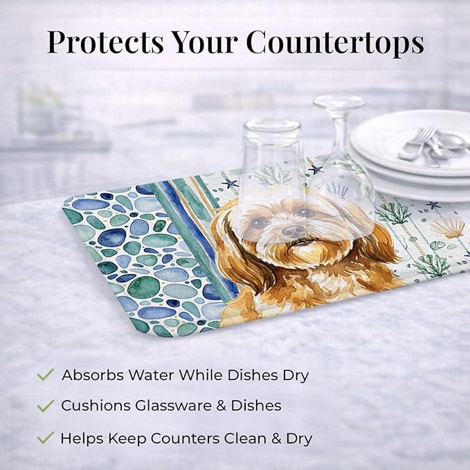 Caroline's Treasures Gold Lhasa Apso Coastal Sea Glass Dish Drying Mat Absorbent Dish Drying Mat Pad for Kitchen Counter Dish Drainer Mat for Countertop 14 x 21 Multicolor