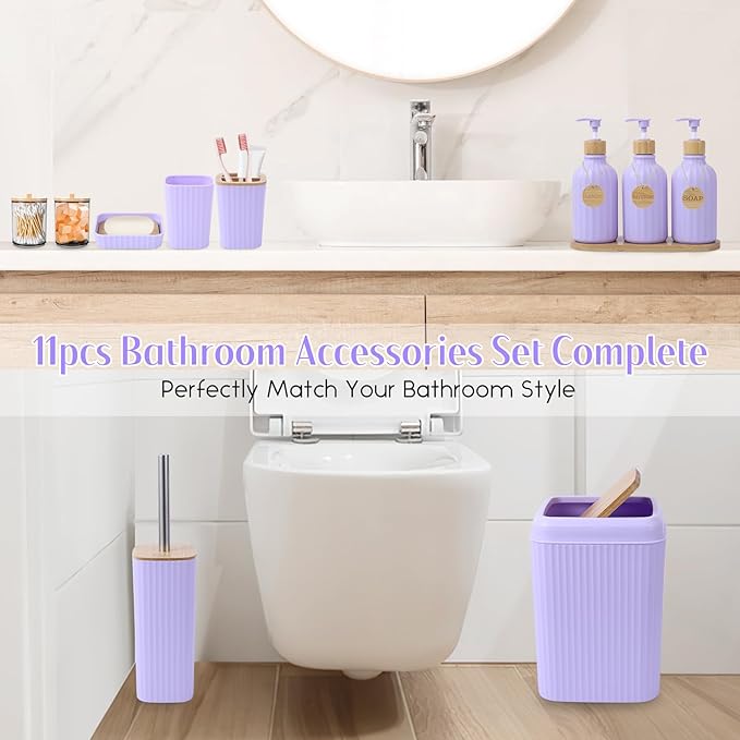 Light Purple Bathroom Accessories Set 17PCS Bathroom Set with Trash Can 3PCS Lotion Soap Dispenser Toothbrush Holder Soap DishTumbler Cup6PCS Wood Tags Bath Accessories with Tray for Bathroom