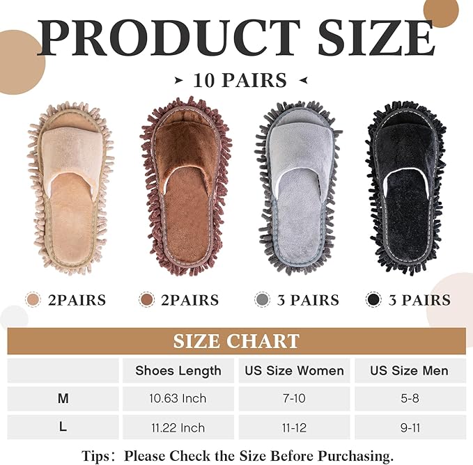 HooLing 10 Pairs Unisex Microfiber Mop Slippers for Floor Cleaning Washable Detachable House Mop Shoes Indoor Dirt Dusting Mopping Slippers for Women Men Home Office Kitchen 4 Colors (Medium)