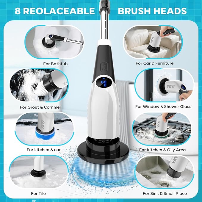 YKYI Electric Spin Scrubber-Cordless Power Scrubber with 8 Brush Heads 3 Speeds &amp Adjustable Long Handle IPX7 Waterproof Shower Cleaning Brush for Bathroom Tile Bathtub Grout Kitchen(Matte Wh