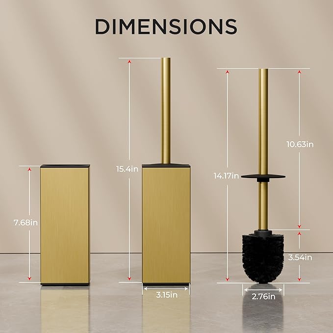FORIOUS Toilet Brush and Holder Set Heavy Duty 304 Stainless Steel Base Square and Long Handle for Bathroom Deep Cleaning Drip-Proof Space Saving for Storage 2 Toilet Bowl Brush Head Dark Gold