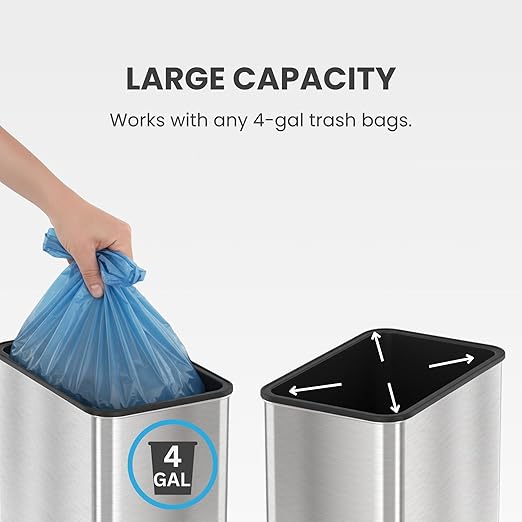 iTouchless 15 Liter / 4 Gallon Stainless Steel Wings Open Lid Sensor Bathroom Trash Can Touchless Automatic Operation Compact Design for Kitchen Bedroom Home Office Restroom