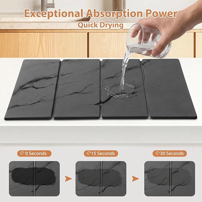 Large Stone Dish Drying Mat for Kitchen Counter 2 PCS Quick Dry Diatomaceous Earth Dish Mat Set – Foldable Water Absorbing Kitchen Accessories for Countertop(Dark Gray 24x16&amp8x4)
