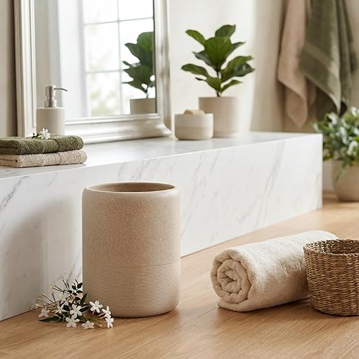 Marsui Resin Wastebasket Round Marble Compact Trash Can Mini 2 Gallons Garbage Bin Gravel Wastepaper Basket for Bathroom Powder Room Kitchen Home Office 7.9 x 9.8 Inch (Gravel)