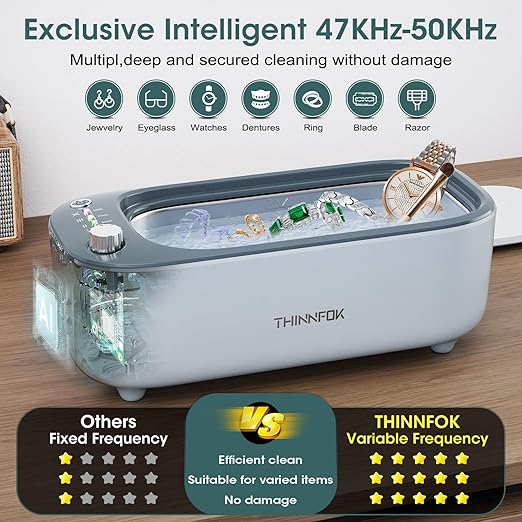 Ultrasonic Jewelry Cleaner Jewelry Cleaning Machine Smart Variable Frequency 47KHz - 50KHz Professional Sonic Cleaner with UV for Rings Glasses Watches Dentures Retainer Earrings Necklaces