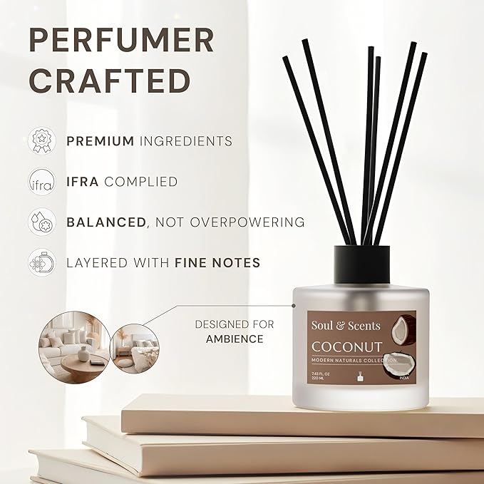 Soul &amp Scents Reed Diffuser Set – Coconut | 7.43 oz Refillable Scented Oil with 6 Fiber Sticks | Long-Lasting Home Fragrance &amp Air Freshener for Bedroom Bathroom Office | Gift &amp Décor Pi