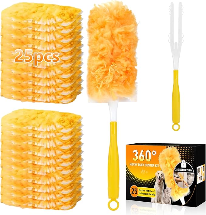 360° Duster Refills Kit for Swiffer Duster 25 Pack &amp 1 Handle Multi-Surface Dusters with 4X Microfibers. Efficient Duster Kit for Cleaning Pet Hair Home Office Blinds Furniture and More