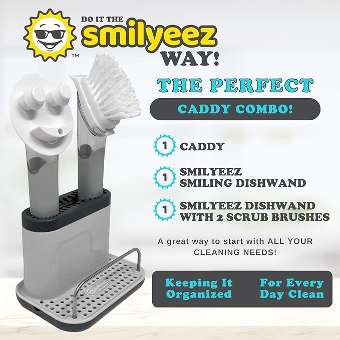 The Original Smiling Sponge Handle Soap Dispensing Handle by Smilyeez for The Smiling Sponge with Smilyeez Caddy &amp Dishwand with 2 Scrub Brushes (Light Blue)