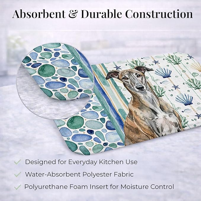 Caroline's Treasures Brindle Greyhound Coastal Sea Glass Dish Drying Mat Absorbent Dish Drying Mat Pad for Kitchen Counter Dish Drainer Mat for Countertop 14 x 21 Multicolor