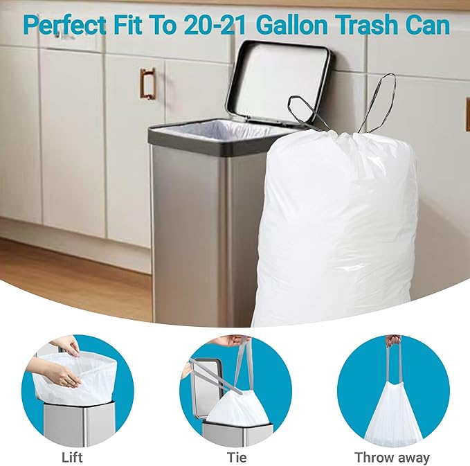 21 Gallon Drawstring Trash Bags 100 Count 1.2 Mil Heavy Duty Large Garbage Liners Fits All 20-21.1 Gallon 50-80 Liter Trash Can for Home Office Kitchen Compatible with Code G