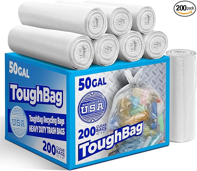 ToughBag 50 Gallon Trash Bags Heavy Duty Clear Trash Bags (200 COUNT) - Made in USA