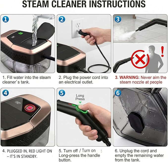 Steam Cleaner 3 Level Adjustable Pressurized Steam Cleaner for Home 10s Heat-Up Handheld Steamer for Cleaning 1.9 Qt Tank Portable Steam Cleaner for Car Home Tile Grout (Black)