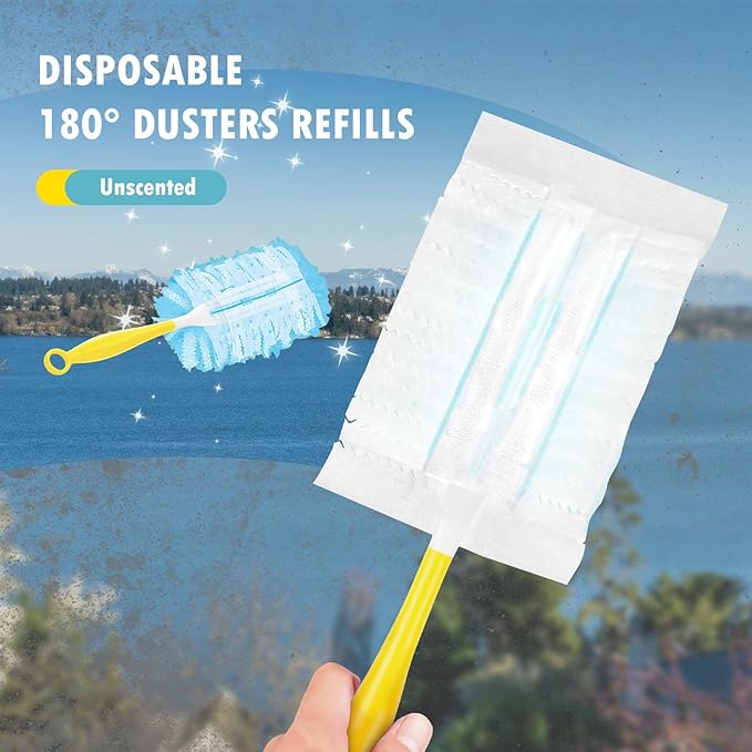 60 Count 180° Duster Refills Compatible with Dusters 180 Handle Dusters Heavy Duty Multi-Surface Duster Replacement with 1 Extra Handle Unscented