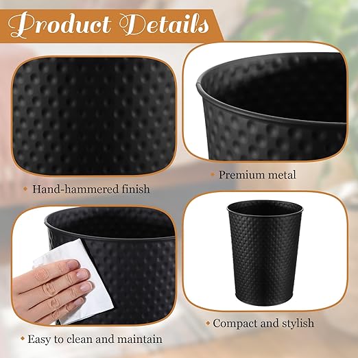 Suclain 2 Pcs Black Copper Trash Can-Handcrafted Hammered Metal Wastebasket Modern Decorative Garbage Can 6 Liters Round Trash Bin for Bathroom Bedroom Kitchen Office