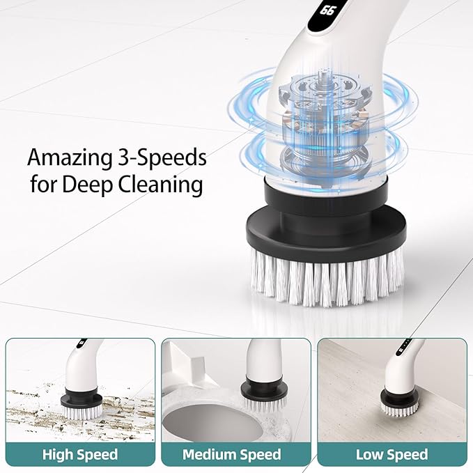 Electric Spin Scrubber for Cleaning 9 in 1 Changeable Bathroom Scrubber with Power Display Long Cordless Cleaning Brush Cordless Shower Cleaner Brush for Bathtub Kitchen Wall Cleaning