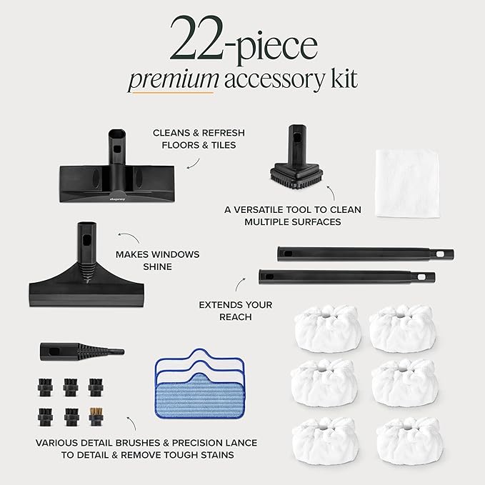 Dupray Neat Steam Cleaner with 22-Piece Accessory Kit – Versatile Portable Steamer for Floors Upholstery Tiles and More removes 99.9% of Bacteria &amp Viruses* (incl. x6 Triangle Bonnets)
