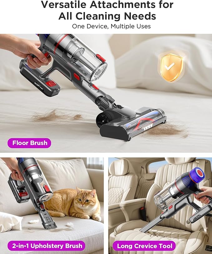 Cordless Stick Vacuum Cleaner for Home: Power Suction Vacuum Tangle-Free Lightweight Design &amp 2600mAh Detachable Battery Up to 50mins Runtime for Pet Hair Carpet Hardwood Floor