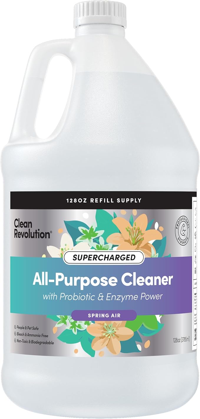 Clean Revolution SuperCharged All Purpose Cleaner Refill with Smart Probiotic + Enzyme Complex Multi-Surface Kitchen Bathroom &amp Floor Cleaner Spring Air 128 Fl Oz
