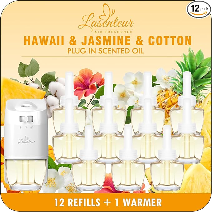 Plug In Air Freshener Starter Kit 12 Refills + 1 Warmer Hawaiian Jasmine &amp Fresh Cotton Scents for Home &amp Bathroom Office Compatible with Air Wick &amp Glade Not Include Glade Plus