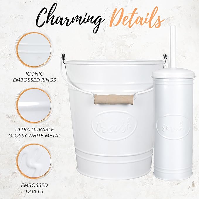 Autumn Alley Rustic Farmhouse White Bathroom Trash Can and Toilet Brush Set – Bathroom Accessories for Modern Farmhouse Charm White Trash Can with Toilet Brush and Holder 2 Gal. Capacity