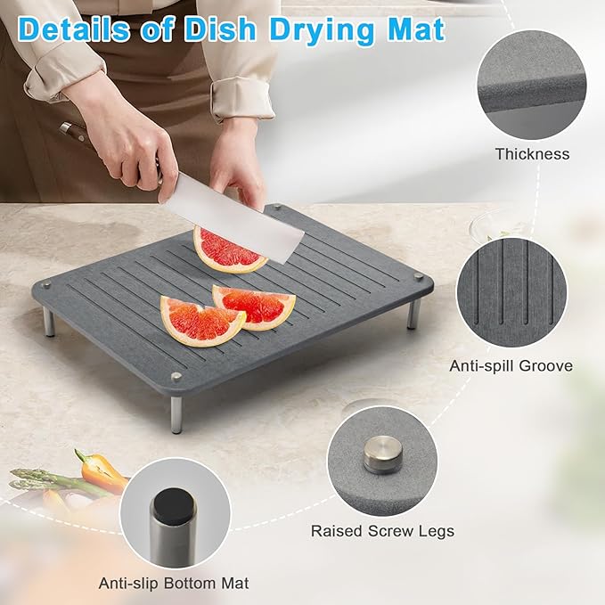 3Pcs Nesting Stone Drying Mat for Kitchen Counter Quick Drying Stone Dish Drying Mat with Non-Slip Feet Super Absorbent Heat Resistant Diatomaceous Earth Dish Drying Mat for Dishes Bottles-Linear
