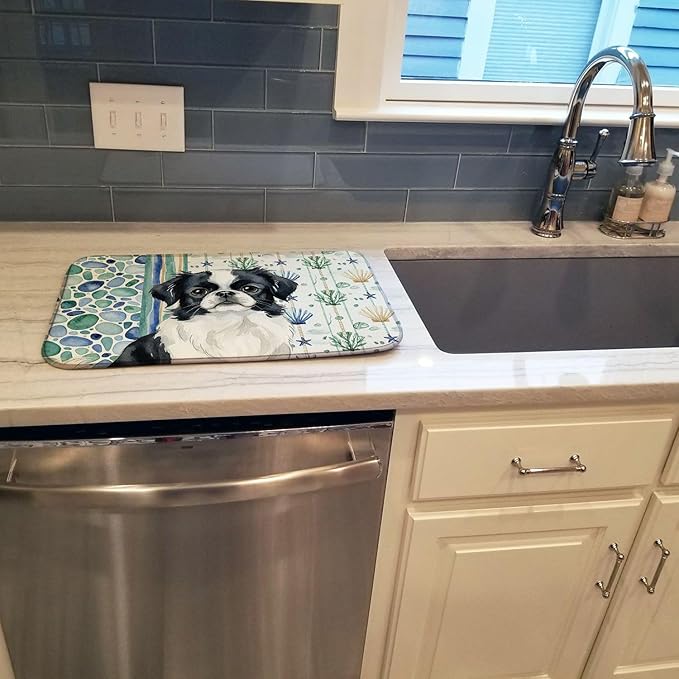 Caroline's Treasures Black and White Japanese Chin Coastal Sea Glass Dish Drying Mat Absorbent Dish Drying Mat Pad for Kitchen Counter Dish Drainer Mat for Countertop 14 x 21 Multicolor