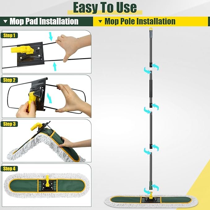 24 Commercial Dust Mop for Floor Cleaning Heavy Duty Large Mop with Replacement Mops Pads Industrial Duster Floor Wet Dry Broom for Cleaning Office Garage Hardwood Warehouse