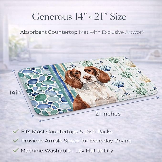 Caroline's Treasures Liver and White English Springer Spaniel Coastal Sea Glass Dish Drying Mat Absorbent Dish Drying Mat Pad for Kitchen Counter Dish Drainer Mat for Countertop 14 x 21 Multicolor